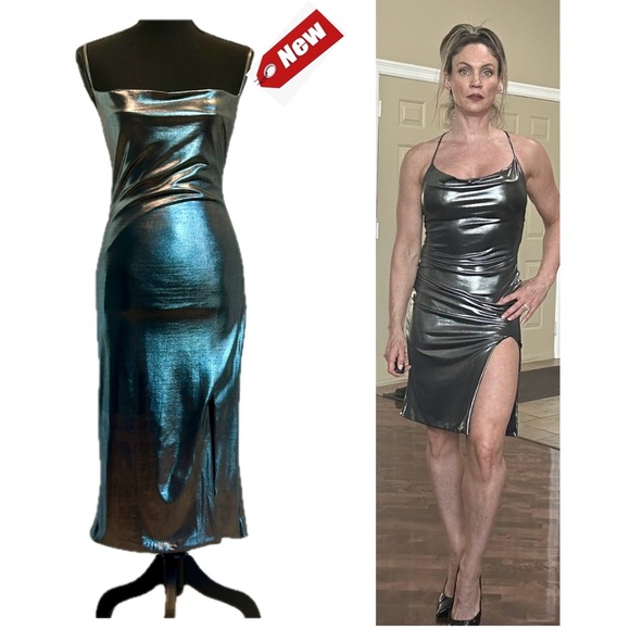 Kali Fashion silver chrome metallic foil spaghetti strap open back bodycon dress - Picture 1 of 16